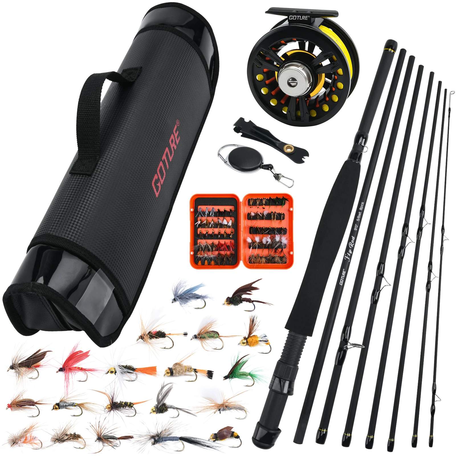 Goture 8Section Travel Fly Fishing Rod Combo 5/6# Stream Rod Kit  With Reel Line Lure Full Set Fishing Tackle For Fly Fishing