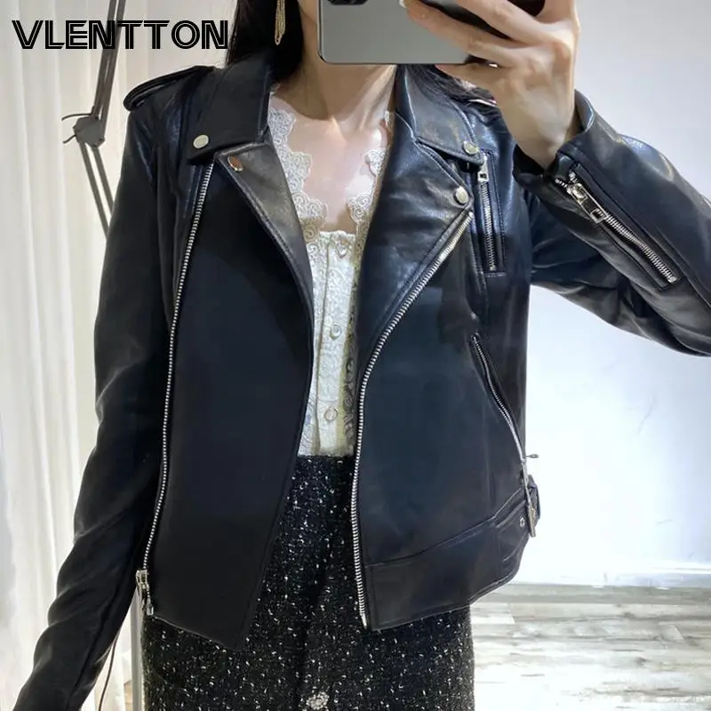 Женская куртка из искусственной кожи черная Повседневная байкерская на молнии с
