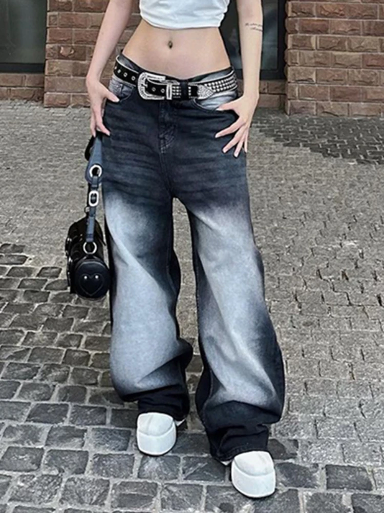 WeiYao Washed Vintage Blue Casual Low Waist Straight Leg Jeans Women Y2K Streetwear Korean Fashion Casual Denim Cargo Pants