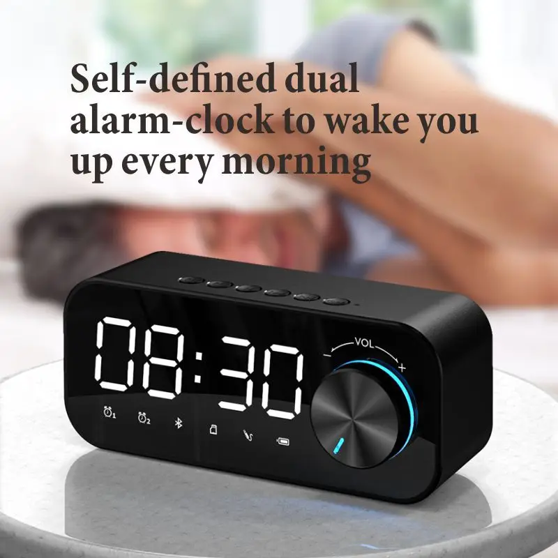 

Portable Wireless Bluetooth Speaker Desktop Mirror Screen Display Digital Alarm Clock LED FM Radio Subwoofer Home Theater Sound