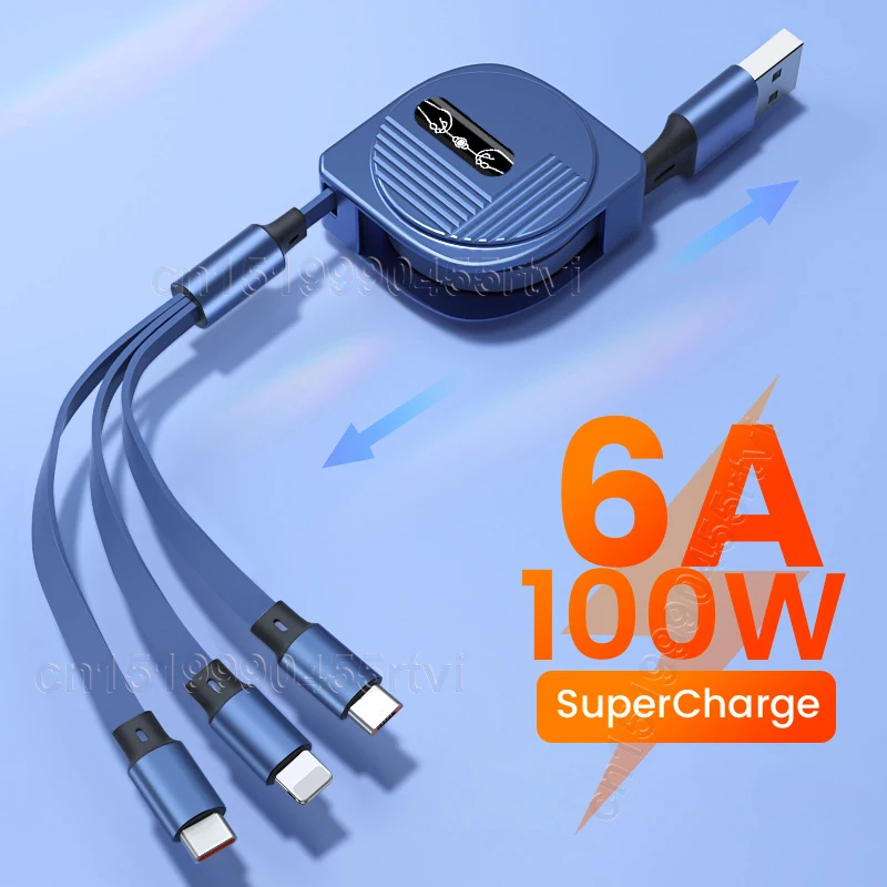 

3in1 2in1 6A 100W USB Cable for Huawei/Honor Retractable Portable 3 in 1 Micro USB Type C Fast Charger Cable For iPhone Samsung
