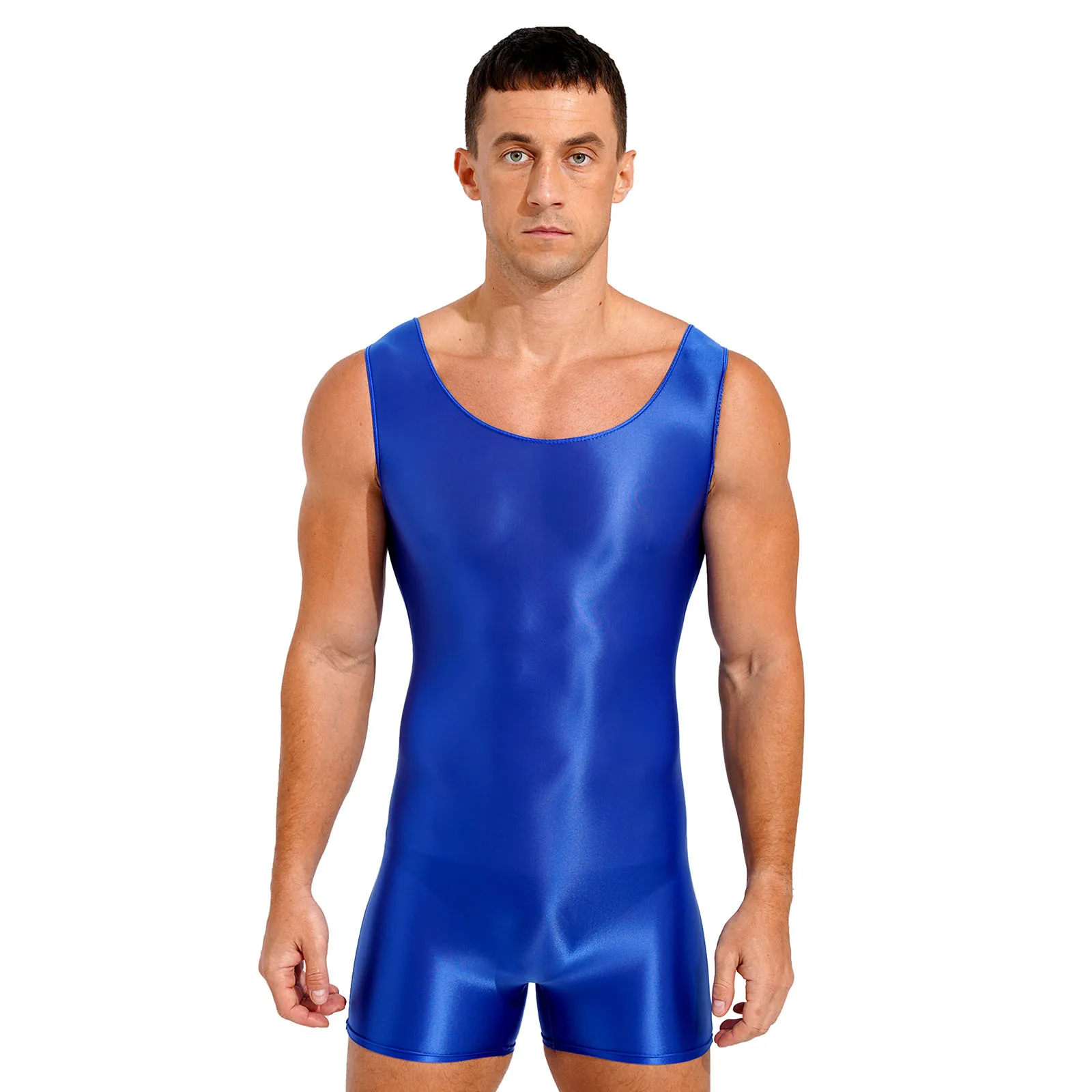 

Mens Sleeveless U Neck Tank Leotard Jumpsuit Swimwear Glossy Stretchy Bodysuit Mankini for Bodybuilding Exercise Workout Fitness