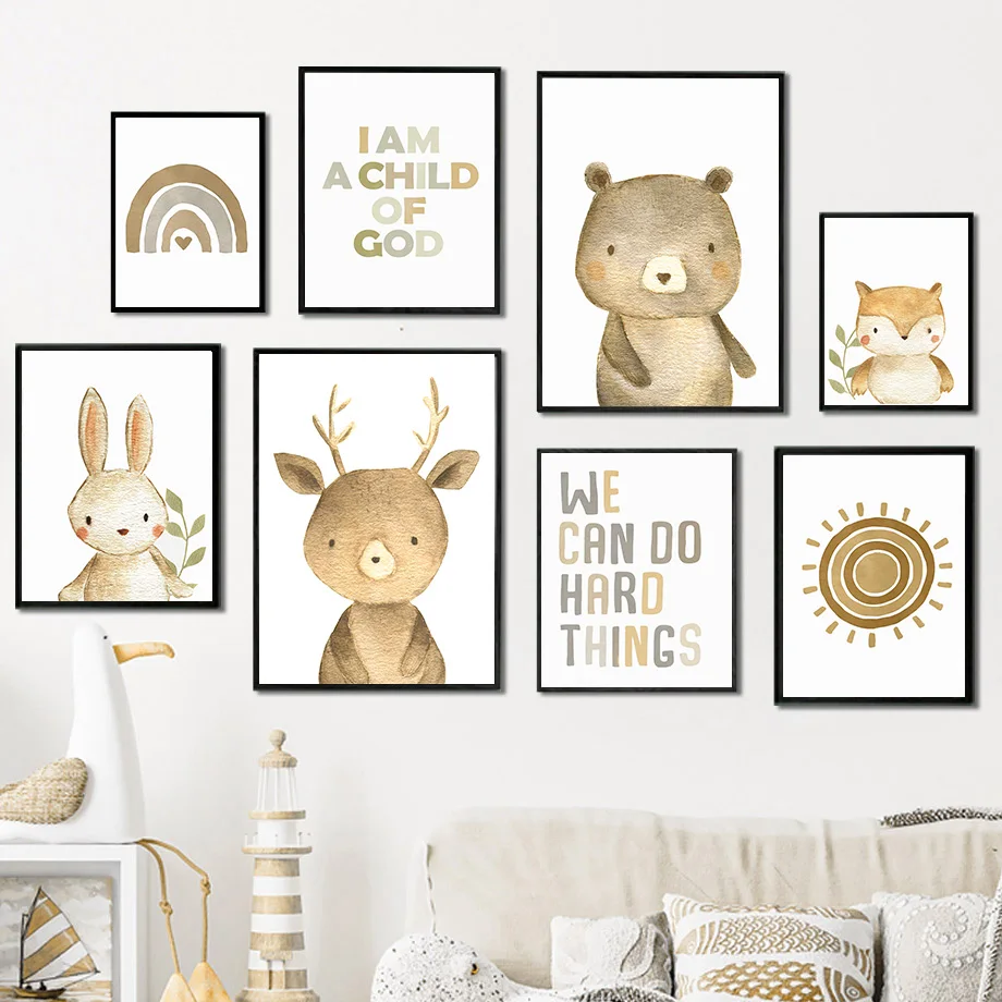 

Nordic Posters And Prints Cute Bear Rabbit Owl Deer Fox Rainbow Sun Boho Wall Art Canvas Painting Wall Pictures Kids Room Decor