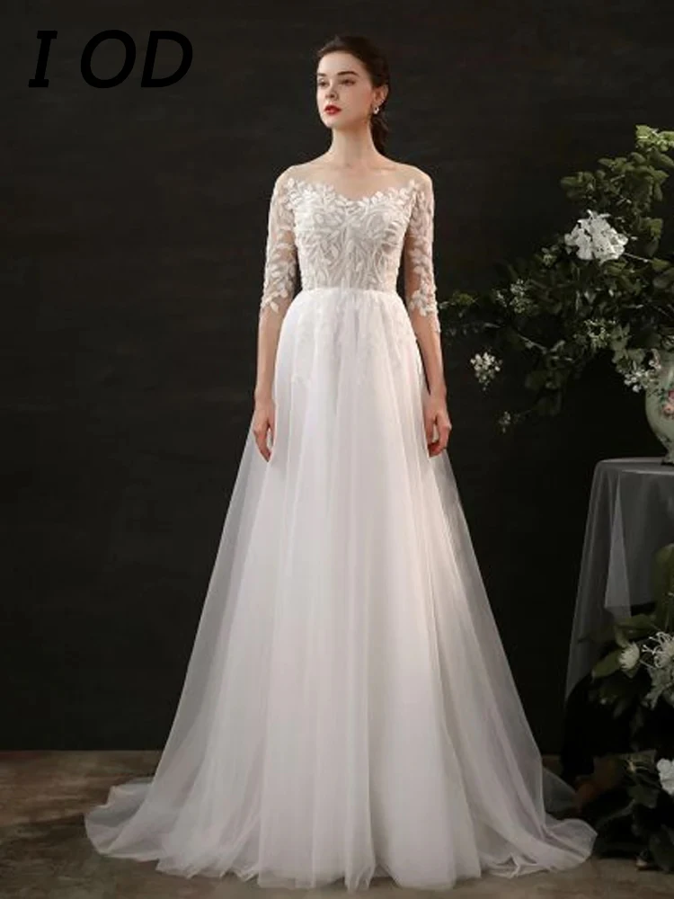 

I OD Elegant A-Line Wedding Dresses Scoop Neck Three Quarter Backless Leaf Lace Ivory Bridal Gown Robe De Mariee Court Train New