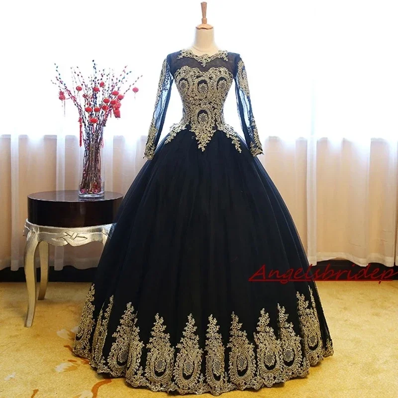 

Long Sleeves Quinceanera Dresses 2021 Gold Appliques Ball Gowns Sweet 16 Dresses Vestidos De 15 Anos Robe De Bal