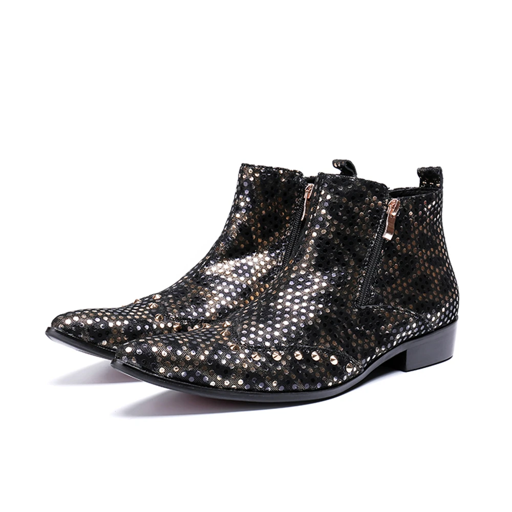 

Shining Sequins Zipper Genuine Leather Low Heels Pointed Toe Boots Male Plus Size Fashion Party Business British Style Shoes