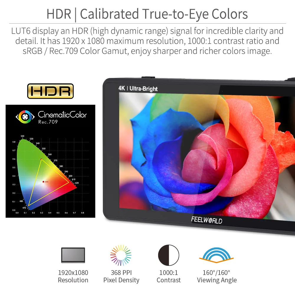 FEELWORLD LUT6 6-дюймовый 2600nit HDR 3D LUT сенсорный экран DSLR камера полевой монитор с
