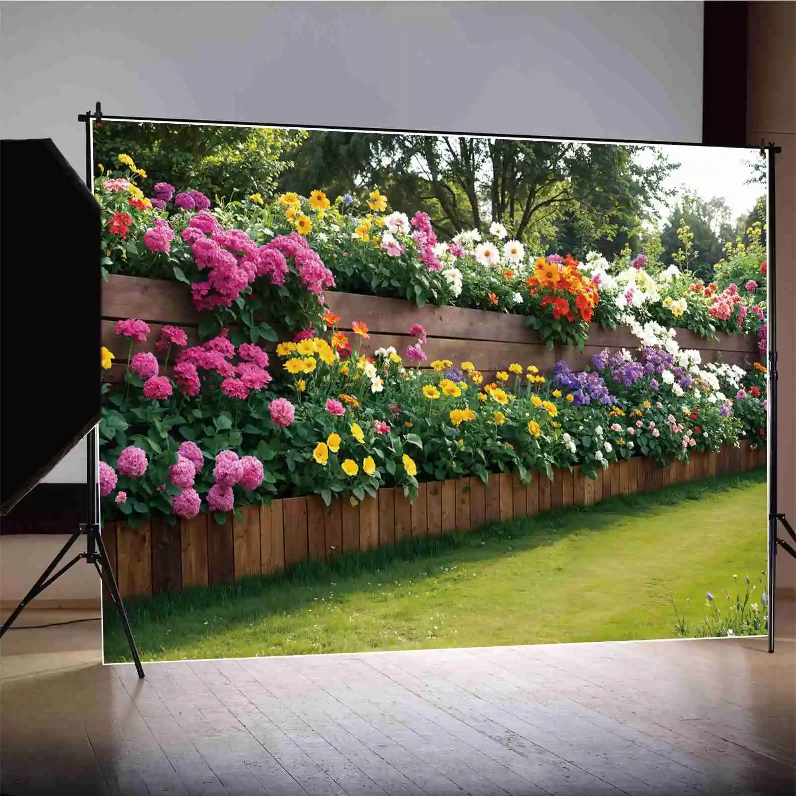 

Spring Blossom Flowers Garden Backdrops Photography Decor Wooden Wall Green Grassland Scenery Custom Baby Photo Background