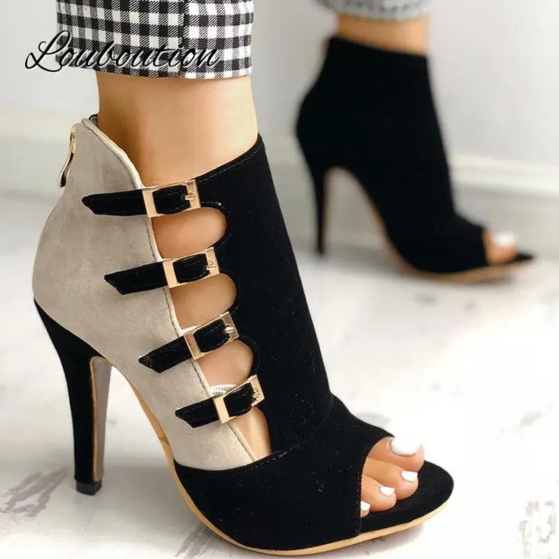 

Women Summer High Heel Shoes Colorblock Metal Decoration Back Zipper Hollow Ladies Boots Fashion Party Office Female Sandals