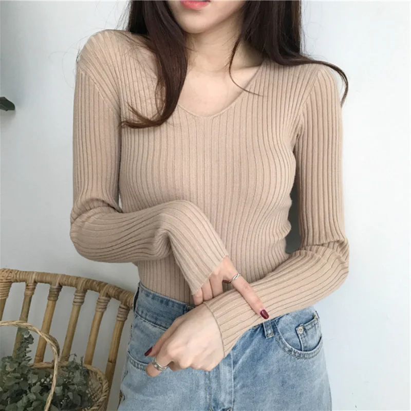 

2023 Korean Autumn V Neck Sweater Knitted Fashion Sweaters Slim Winter Tops For Women Pullover Jumper Pull Femme Truien Dames