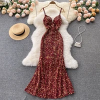 elegant sequins fishtail dress for women chic vintage glitter party evening dress lady sleeveless strap slim mermaid vestidos