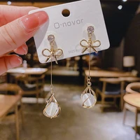 fashion jewelry 2021 korea earrings stainless steel earrings bowknot opal tassel earrings sweet long face slim ear jewelry