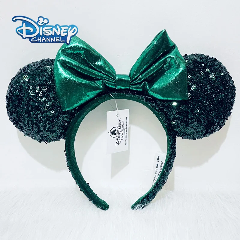 Фото Повязка на голову с пайетками темно-зеленого цвета от Disney для взрослых, повязка на голову с Микки Маусом, повязка на голову из полипропиленового хлопка, аксессуары для волос с ушками Минни, головные уборы №1