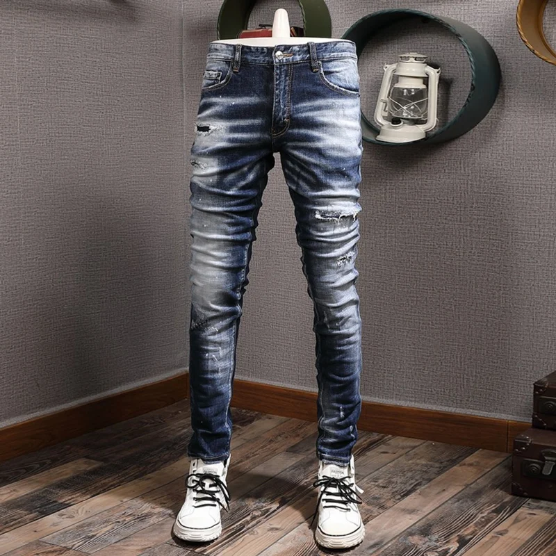 Italian Style Fashion Men Jeans Retro Blue Stretch Slim Fit Ripped Jeans Men High Quality Painted Designer Vintage Pants Hombre