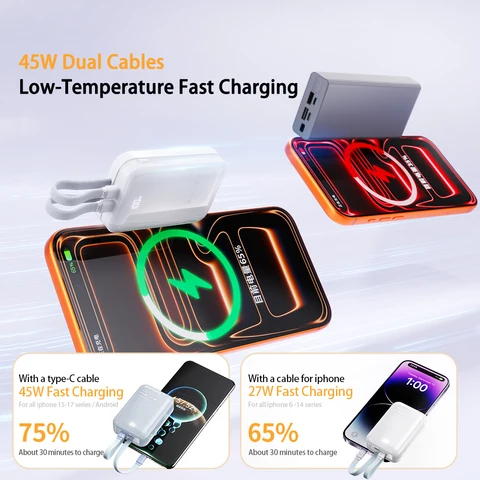 Портативный внешний аккумулятор емкостью 20000 мАч, 45 Вт, Type-C, сверхбыстрая зарядка, встроенные двойные зарядные кабели для iPhone 17 16, мобильного телефона Xiaomi