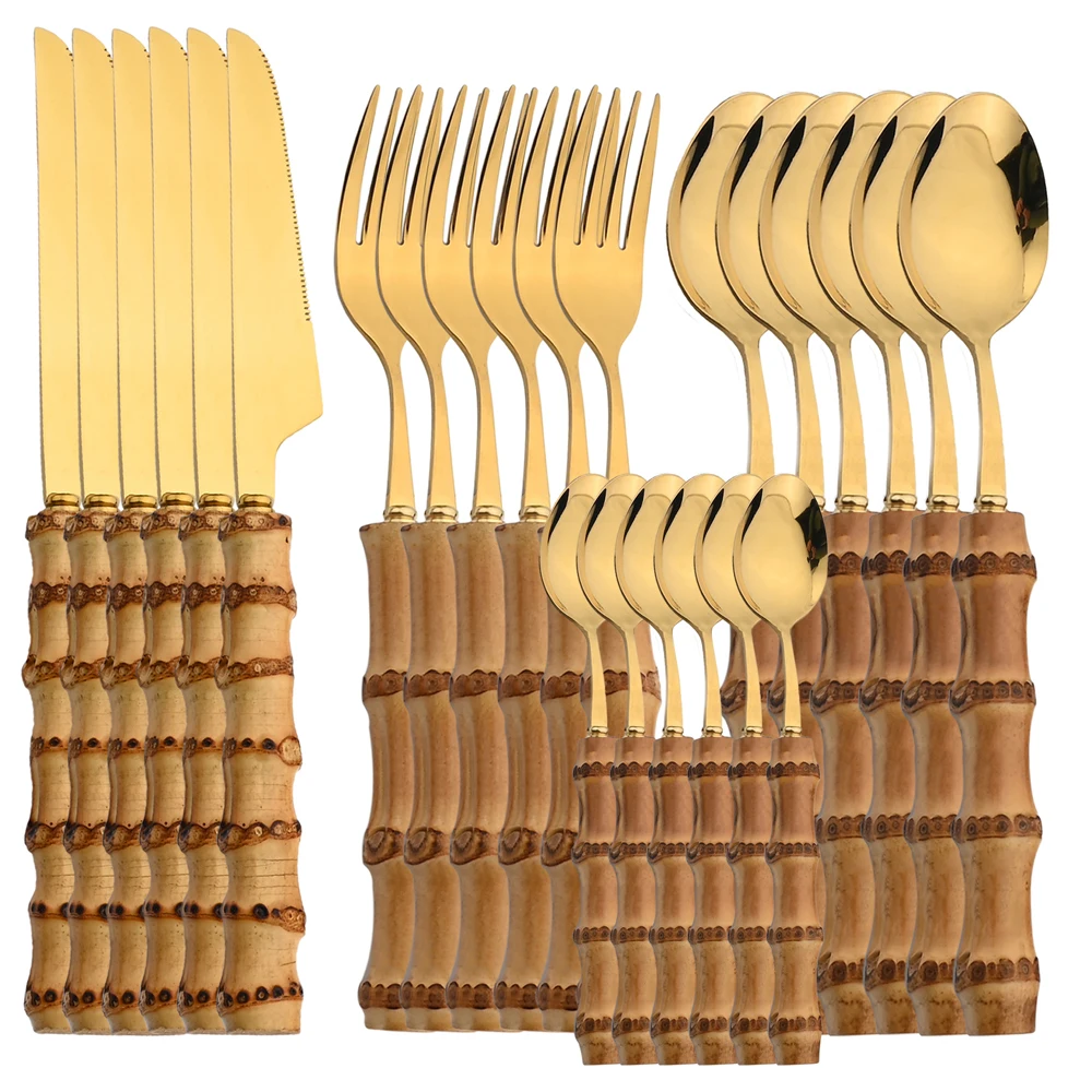 

24Pcs Brown Gold Western Cutlery Stainless Steel Set Imitation Bamboo Flatware Fork Knife Spoon Dinnerware Kitchen Tableware Set