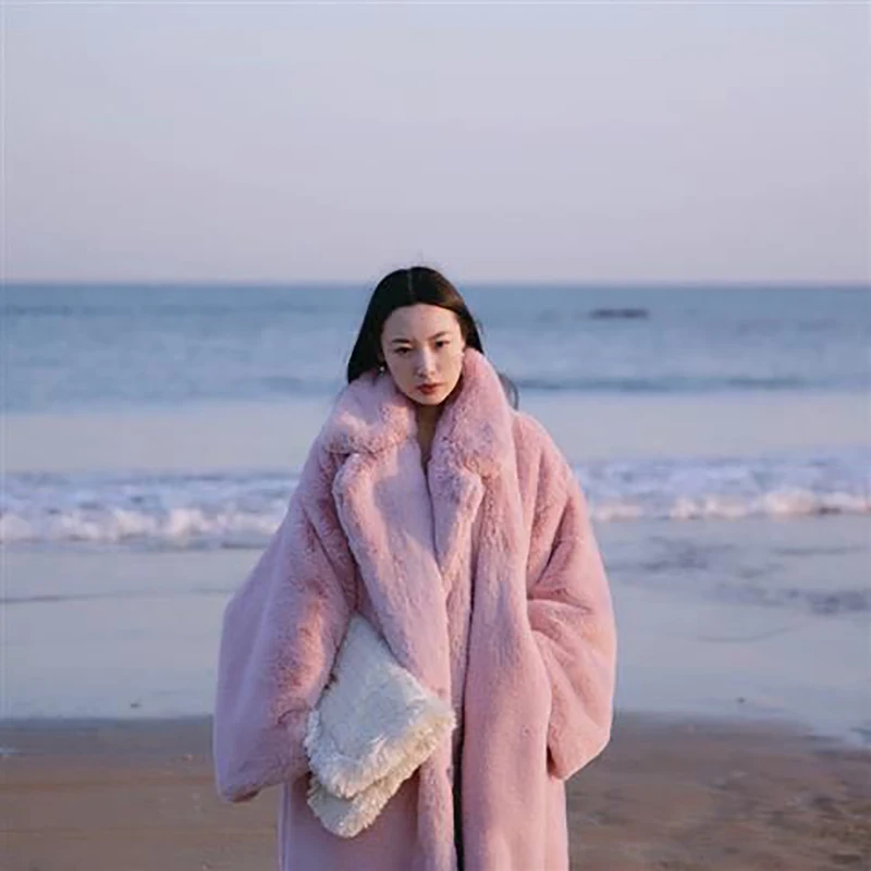 2021 Winter Women High Quality Faux Mink Fur Coat Luxury Long Fur Coat Lapel Overcoat Thick Warm Plus Size Female Plush Coats