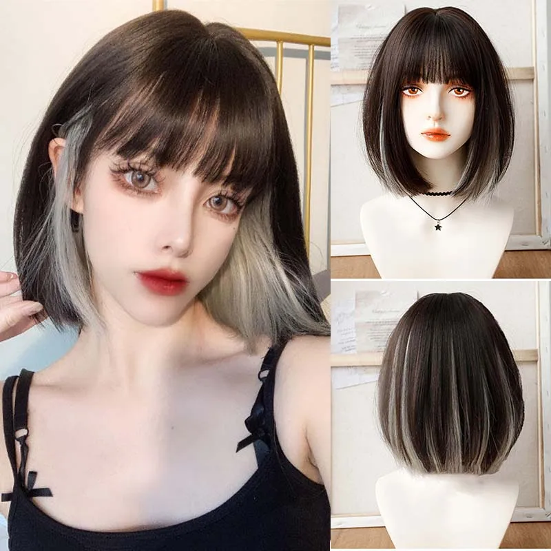

Brown Black Mixed Silver Gray Wig Short Bob Wig Synthetic Straight Fake Hair with Bangs for Women Daily Cosplay Halloween Party