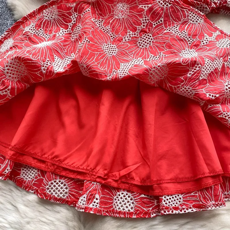 Ретро V-образный вырез-фонарь с короткими рукавами и вышитым принтом Элегантные