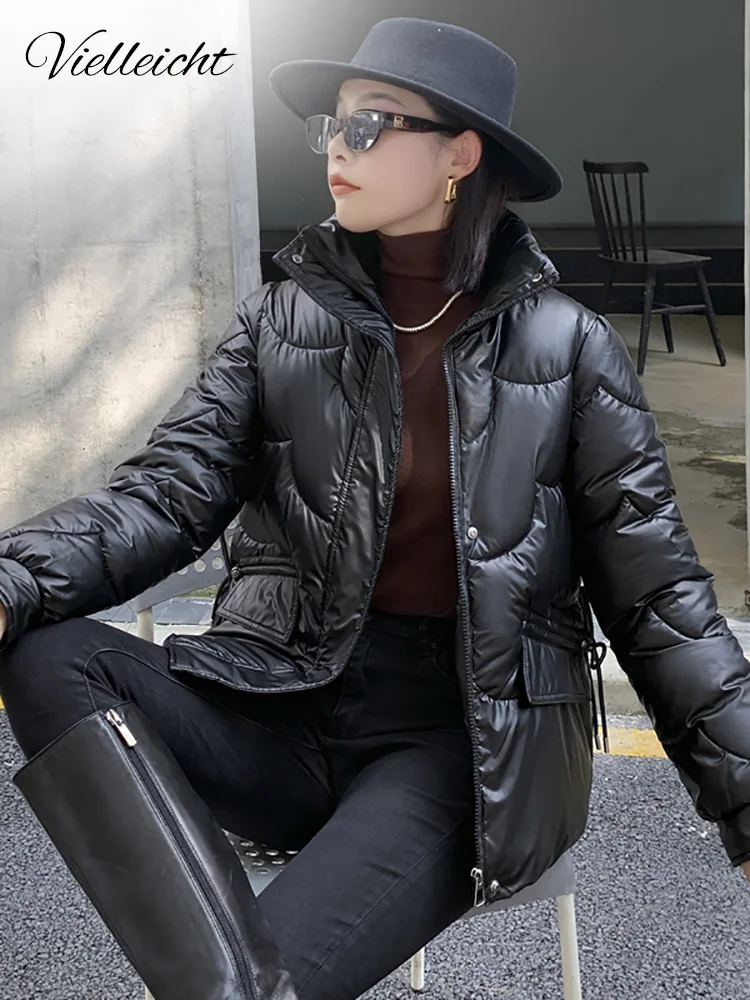 Vielleicht 2022 Short Women Winter Jacket Stand Collar Bright Shiny Fabric Female Coat Padded Parkas Solid Winter Clothes Women