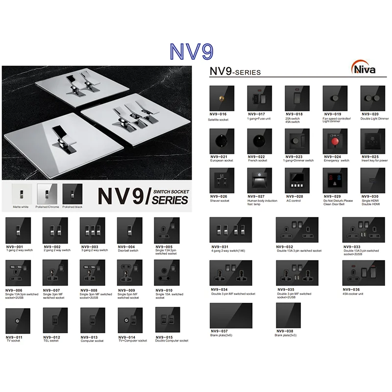 Niva NV9 3-полосные 2-полосные выключатели из черной нержавеющей стали белая