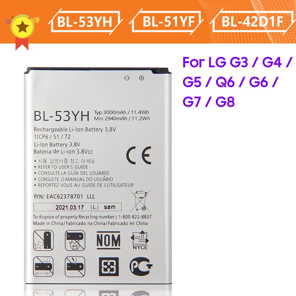 

Original Battery BL-53YH BL-42D1F BL-T33 BL-51YF BL-T39 BL-T32 BL-T41 for LG G3 G5 G6 G7 + G8 Q6 G6 Mini M700 ThinQ G4 H818 F500
