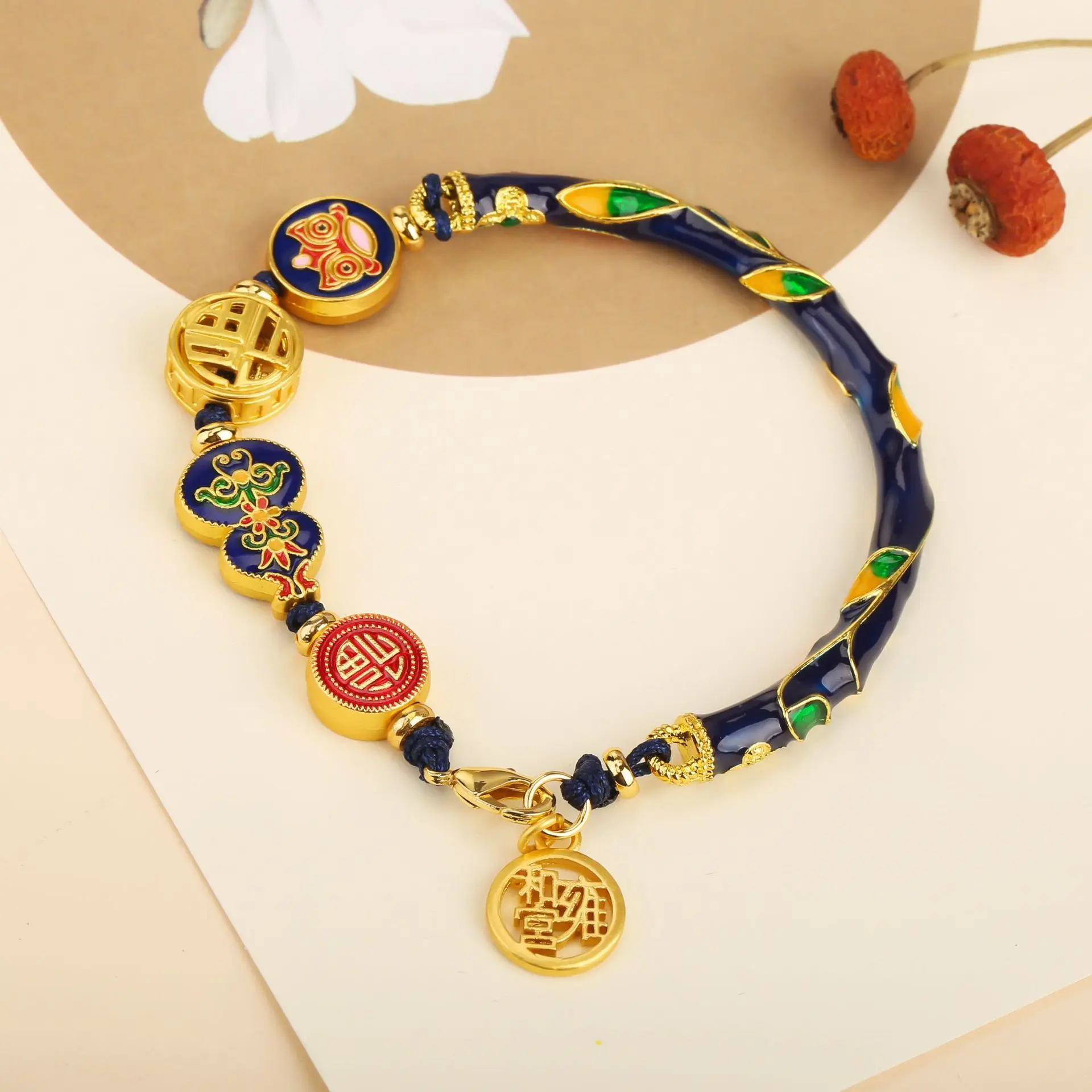 

Chinese Beijing Yonghe Palace Bracelet Antique Cloisonné Blue Painted Lion Lucky Word Gourd Half Bracelets String Jewelfy Gifts