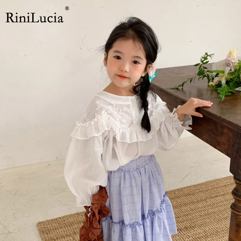 

RiniLucia Spring Cotton Ruffles Top White Blouse Spring Shirt Korean Baby Long Sleeve Tops Girls Shirts Girls Blouses Camisas