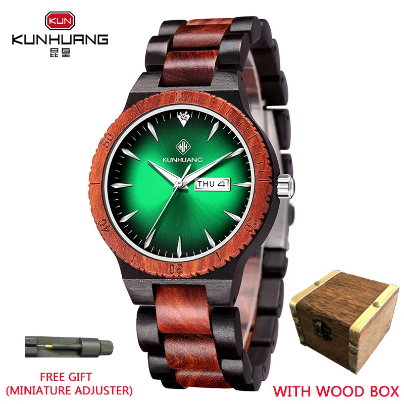 

KUNHUANG New Men's Watch Natural Wooden Watch Luxury Luminous Pointer Dual Calendar Multifunctional Quartz Watch Wooden Gift Box