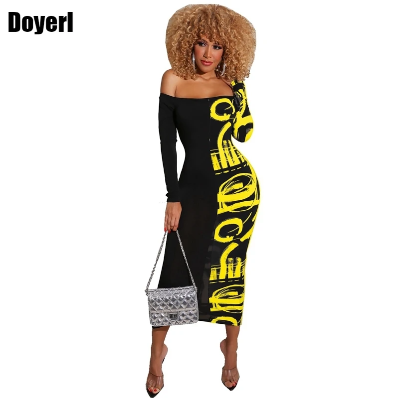 

Клубное сексуальное облегающее платье для женщин, осень-лето 2022, облегающее элегантное платье с вырезом лодочкой и буквенным принтом, Банда...