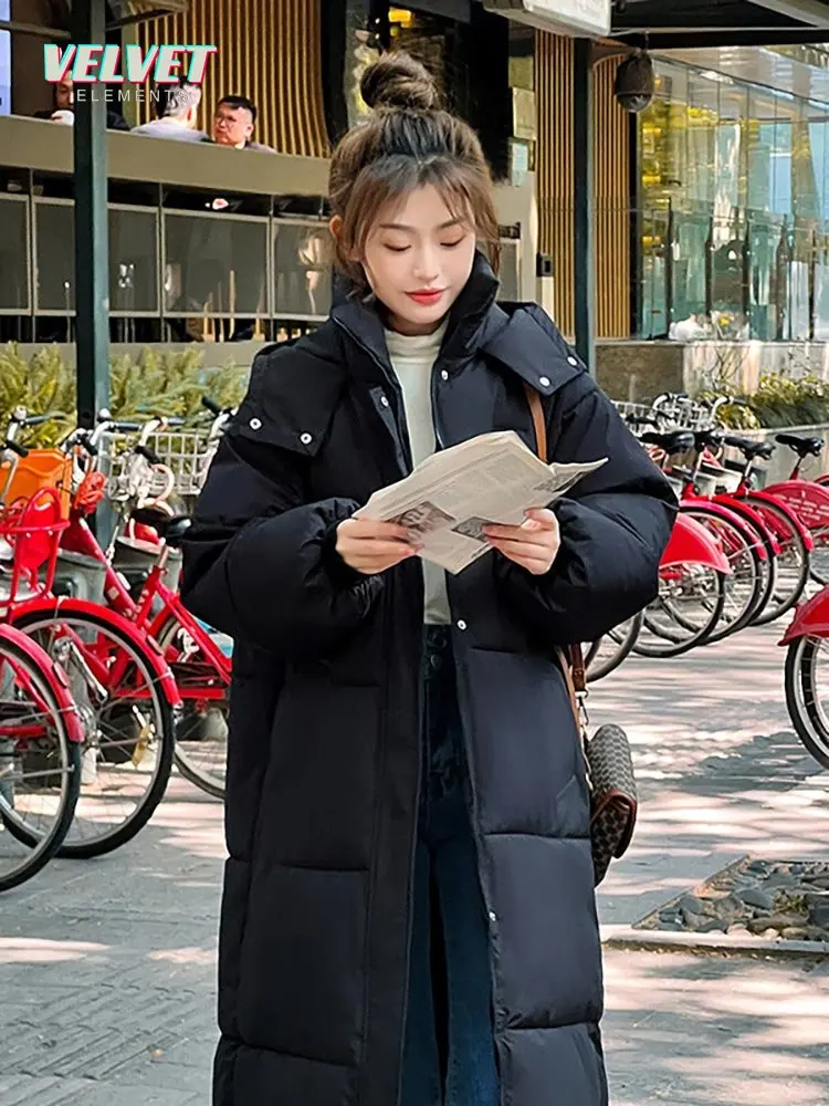 VelvetElements Korean Jacket Women Winter X-long Parkas Solid Hooded Thicken Warm Female Snow Wear Coat Padded Loose Clothes