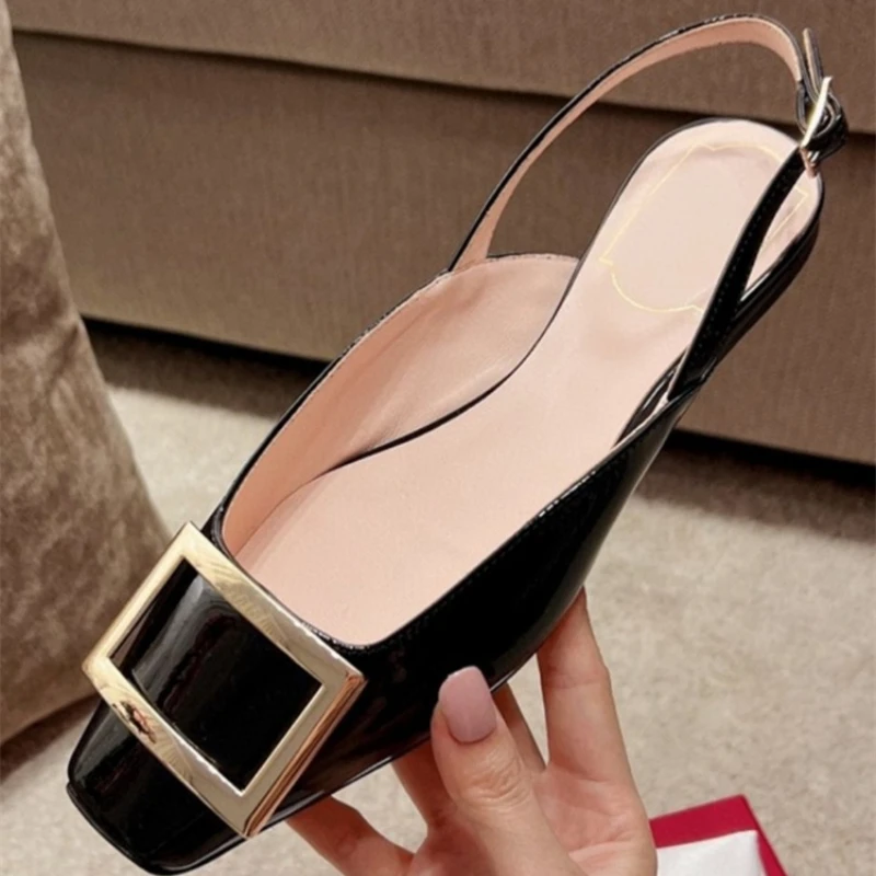 

French Patent Leather One Line with Back Hollow Toe Sandals Women's Summer New Leather Square Buckle Flat Shoes