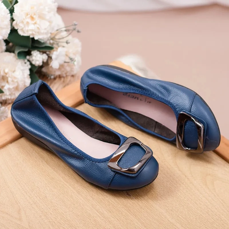 

Plus Size 42 Metallic Blue Wedge Shoes for Women Soft Leather Moccasin Ladies Summer Flats 2022 New Leisure Mom Slip On Loafers