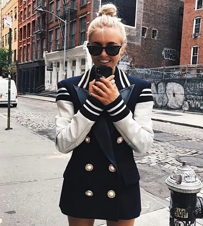 DEARIRIS PU Leather Splicing Baseball Jacket Metal Buckle Slim Suit Jacket