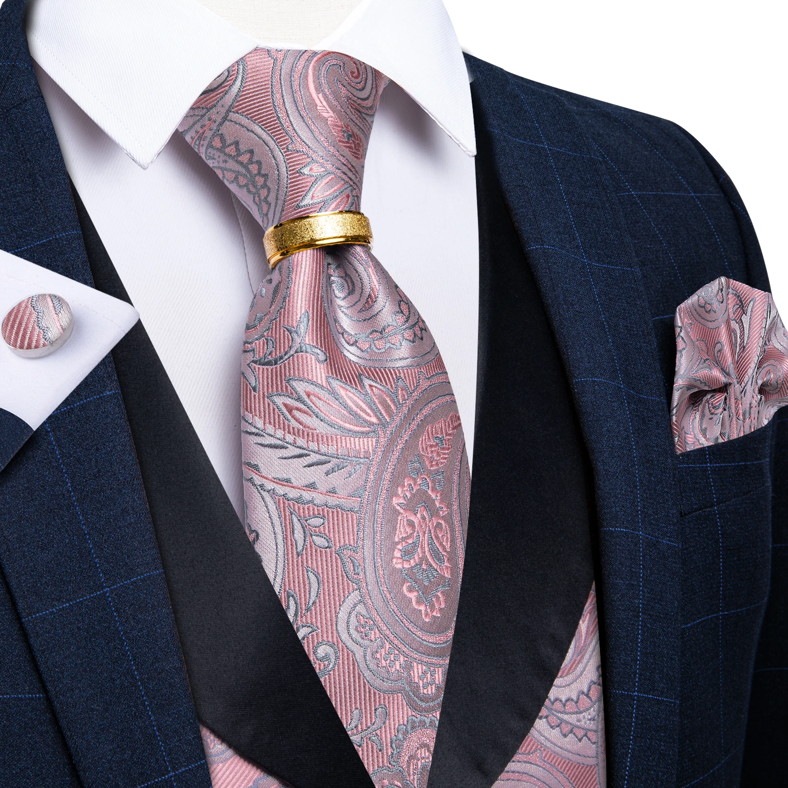 

Brand Men's Suit Vests Silk Pink Paisley Woven Dress Vest Tie Ring Cufflinks Hanky Set for Suit or Tuxedo Male Casual Waistcoat