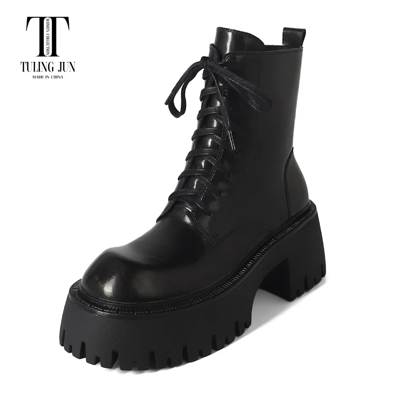 

TULING JUN2023 Autumn Winter High Heel Thick-soled Martin Women's Boots Rounded Toe Comfort Retro Casual Ties Shoes For Women L