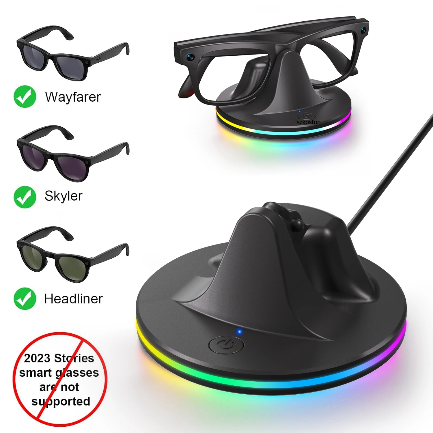 Фото Подставка для зарядного устройства Rayban Meta Smart AI Glasses Мини-зарядная станция Wayfarer/Skyler/Headliner с кабелем типа C и RGB-подсветкой №5