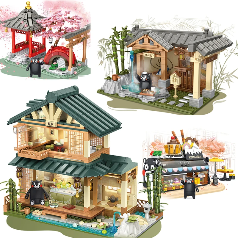 

Kumamon Bear Country Villas House Cafe Ramen Sushi Shop Building Blocks City Stree View Assemble Bricks Toys Gifts For Kids Boy