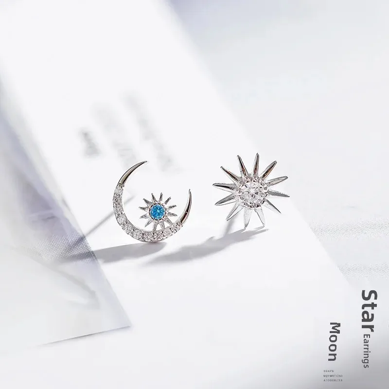 Серьги из серебра 925 пробы женские креативные маленькие серьги со звездой и луной