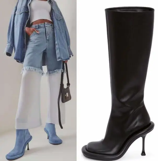 Женские кожаные сапоги до колена черные с круглым носком и скрытой молнией на