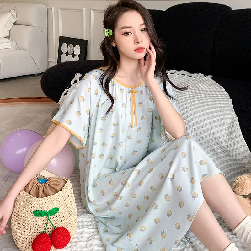 Short Sleeve Round-neck Nightgowns Casual Thin Loose Night Dress Attractive Women's Nightwear Big Size Clothing Homewear Print
