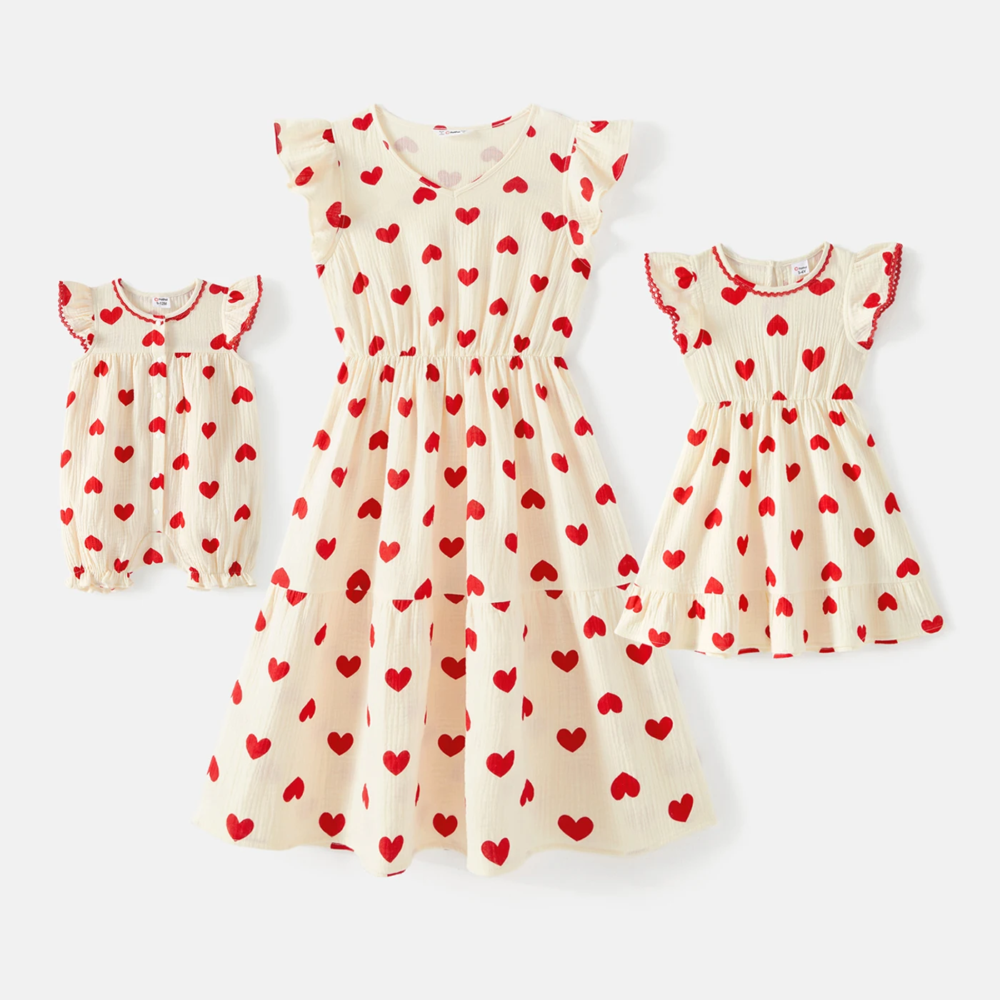 

PatPat Mommy and Me 100% Cotton Crepe Allover Heart Print Flutter-sleeve Dresses