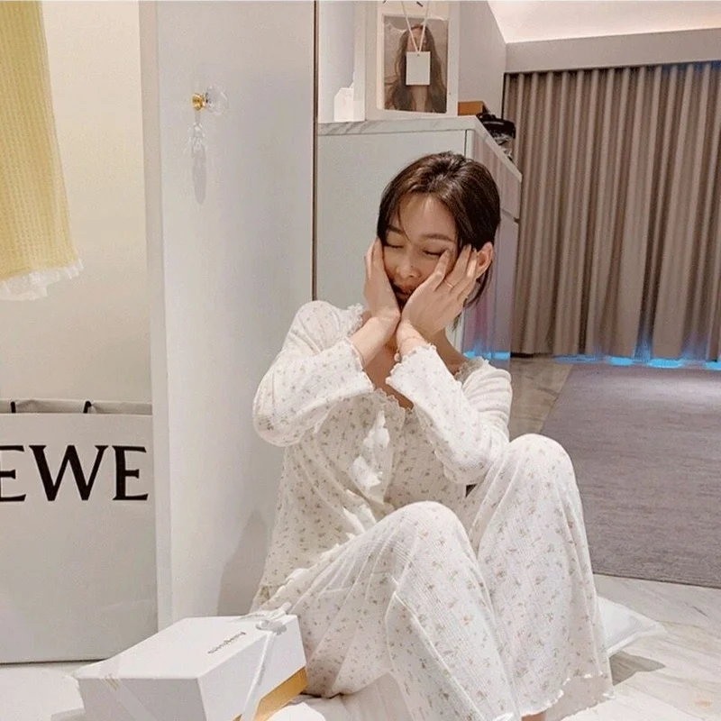 Kawaii Pajama Summer Suit for Women Two Piece Set Summer Small Floral Lace Edge Pyjamas Sleepwear Pijamas Home Clothes