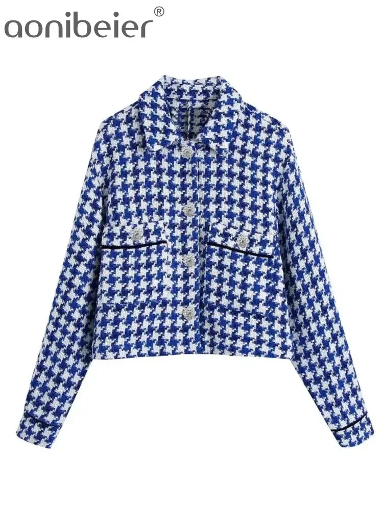 

Aonibeier 2022 Women Casual Traf Coat Spring Rhinestone Buttons Long Sleeve Tweed Cropped Jacket Loose Plaid Blazer Chic Tops