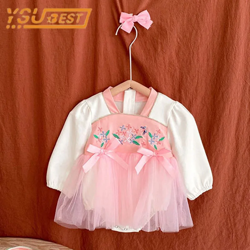 

Toddler Baby Girl Romper Chinese National Jumpsuit Long Sleeves Sweet Grenadine Princess Romper Embroidery Girl Clothes