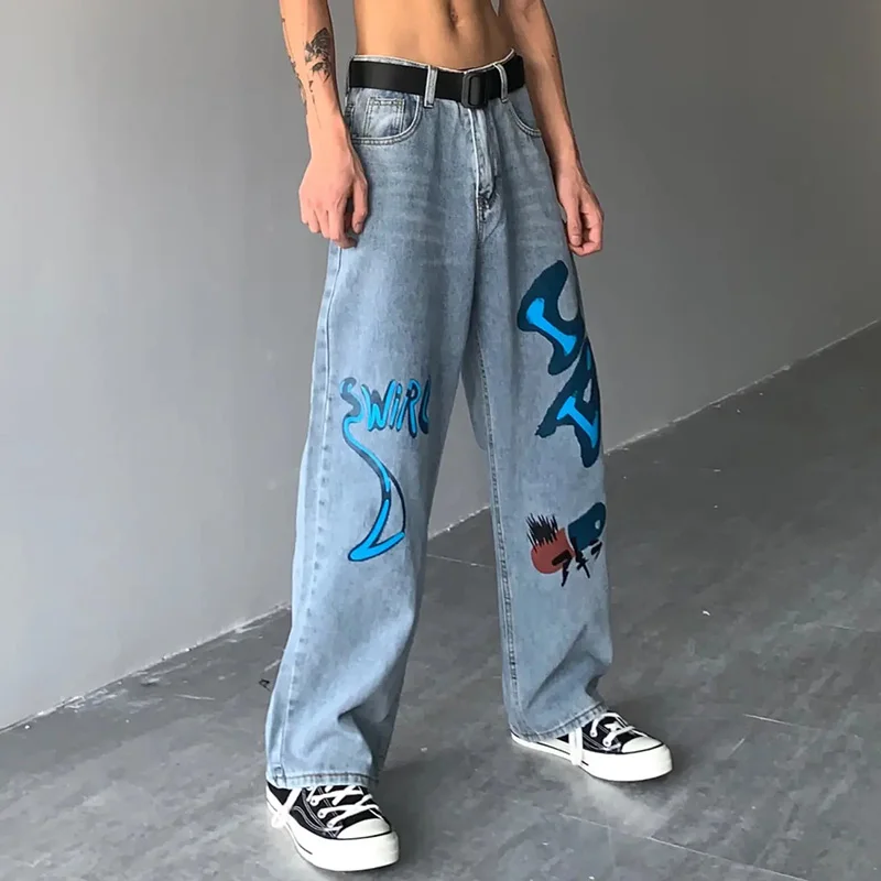 Graffiti Printed Jeans Men Harajuku Wide Leg Trousers New Fashion High Street Hip Hop Style High Waist Loose Casual Couple Jeans