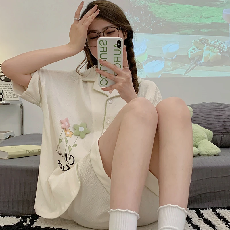 Summer Pajama Sets For Women Adult Flower Printing Sleepwear  Cotton Cool Pyjama Pour Femme Sweet Girl Homewear Pijama