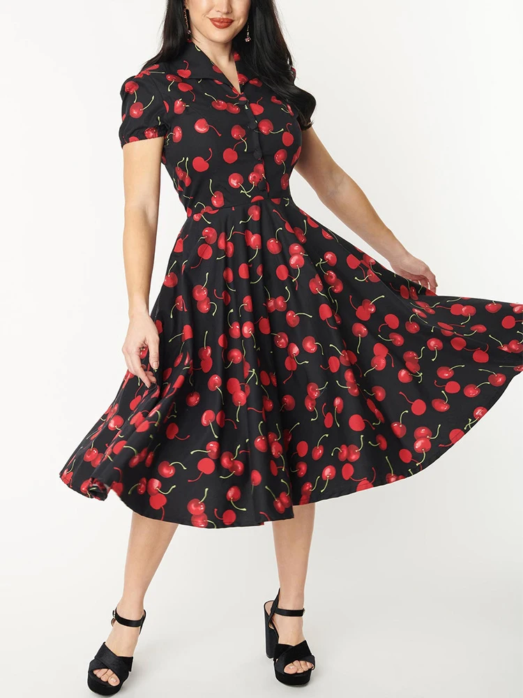 

2022 Fashion Vintage Cherry Print Tea Break Midi Dresses Women Single Breasted Short Sleeve Summer Dress V-neck Working Vestidos