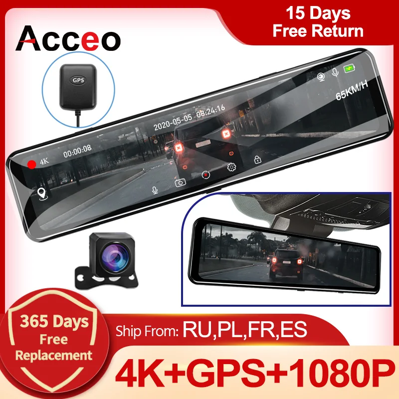 ACCEO 4K Car Dvr Mirror Dash Cam Dual Lens Touch Screen GPS Navigation rear view camera Full Hd 2160P Rearview Drive Recorder