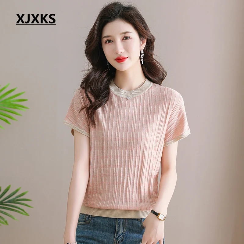 

XJXKS, Новинка лета 2023, вязаные топы из шелка тутового шелкопряда с короткими рукавами, женская футболка с круглым вырезом, удобная повседневная темпераментная одежда